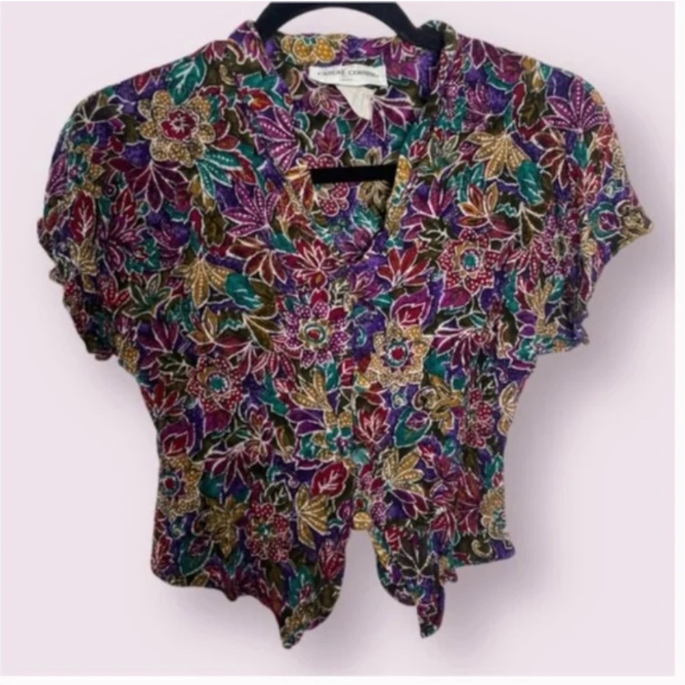 Casual Corner Multicolor Floral Crop Blouse - Purple, Green, Gold